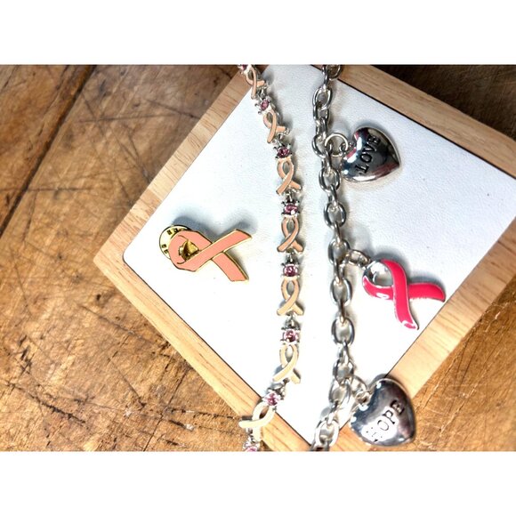 Breast Cancer Awareness Pink Ribbon Jewelry Set W/ Bracelet & Pin Silver & Pink - Picture 4 of 10